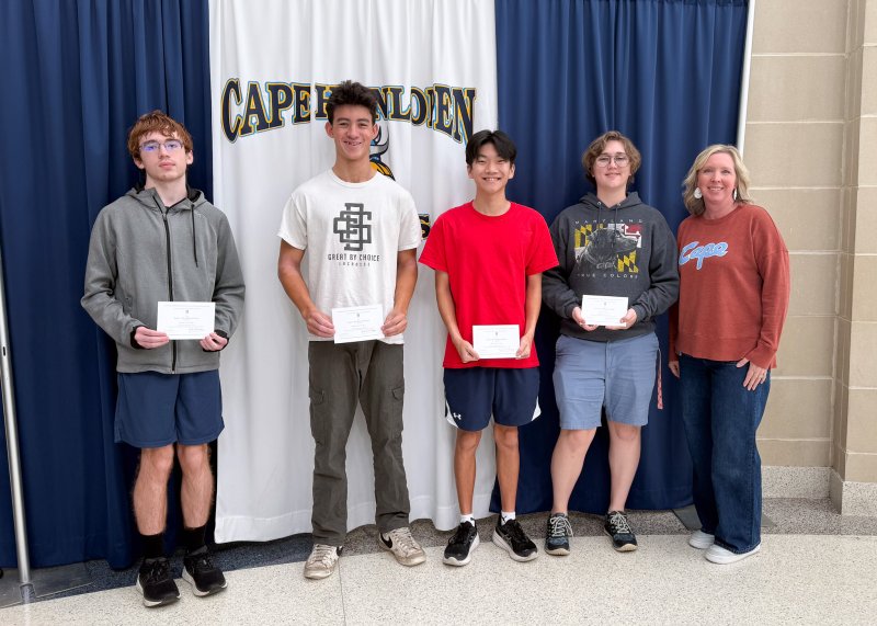 Celebrating the National Merit Scholarship Commended Students at Cape Henlopen High School are honorees (l-r) Maxwell Roushey, Brooks Leonhart, Nathaniel Hoang and CJ Schaffer with Principal Kristin DeGregory. SUBMITTED PHOTO